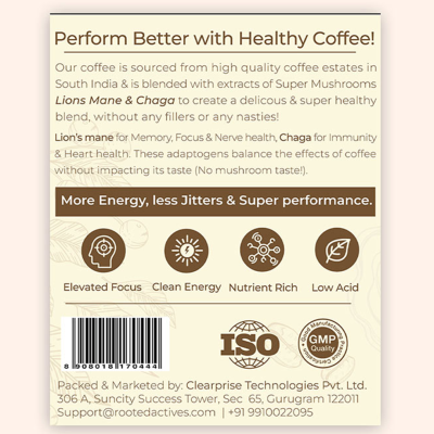 Rooted Active Naturals: Wellness Muhroom Coffee (100 g), Instant Arabica coffee with Superfood Mushrooms (lion's Mane & Chaga - 20%) |Focus, Energy, Immunity & Heart health
