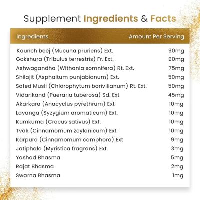 Vlado's Himalayan Organics: Pure Shilajit 24 carat Gold with Ashwagandha, Safed musli, Kaunch beej , Gokshura Swarna & Rajat Bhasma +10 more Ayurvedic herbs - -Boost Stamina, Strenght, Energy Power, Build Muscle Mass - 60 Veg Capsules