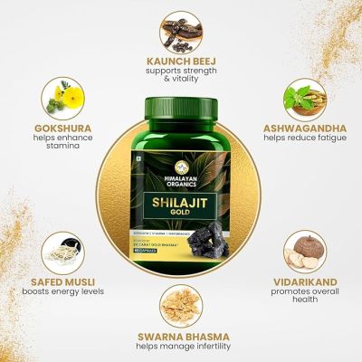 Vlado's Himalayan Organics: Pure Shilajit 24 carat Gold with Ashwagandha, Safed musli, Kaunch beej , Gokshura Swarna & Rajat Bhasma +10 more Ayurvedic herbs - -Boost Stamina, Strenght, Energy Power, Build Muscle Mass - 60 Veg Capsules