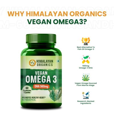 Vlado's Himalayan Organics: Vegan Omega 3 6 9 with DHA (560mg) for Healthy Heart, Joints & Eyes for Men & Women - 60 veg capsules