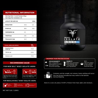 Bolt Nutrition: Nutrition 100% Whey Isolate Protein Powder | With Superfood PHYCOCYANIN |5LB/2.26kg (69 Servings) | Madagascar Vanilla