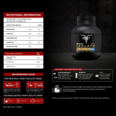 Bolt Nutrition: Nutrition 100% Whey Isolate Protein Powder | With Superfood PHYCOCYANIN |5LB/2.26kg (69 Servings) | Piedmont Chocolate