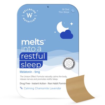 Wellbeing Nutrition: Melts Restful Sleep | Plant-Based Melatonin 5mg for Deep Sleep, Stress Relief - 30 Oral Strips