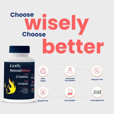 Kindly Health: ReloadXtra+ Horny Goat Weed | Stamina Booster For Men Ayurvedic Ingredients 100% Vegan | Vitamin B12 and Muira Puama | Extra Strength and Energy | 30 Tablets, Pack of 1