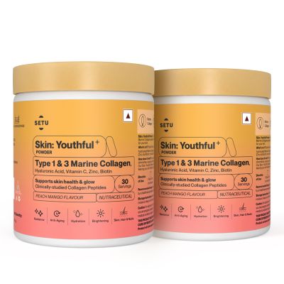SETU: Skin Youthful Marine Collagen Powder Supplements for men and women,210 g | Hydrolyzed Collagen Peptides with N-Acetylglucosamine, Vitamin C, Zinc and Biotin | Supports Healthy Skin, Hair, Nails, Bones & Joint | Peach Mango Flavour (Pack of 2)