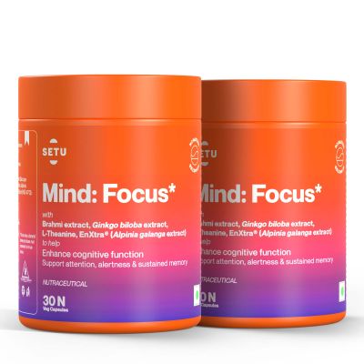 SETU: Mind Focus Capsules - 30 Caps (Pack of 2) L-Theanine, Brahmi & Ginkgo Biloba, Brain Booster - Helps Improve Focus, Alertness