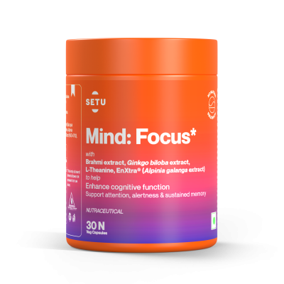 SETU: Mind Focus Capsules - 30 Caps (Pack of 2) L-Theanine, Brahmi & Ginkgo Biloba, Brain Booster - Helps Improve Focus, Alertness