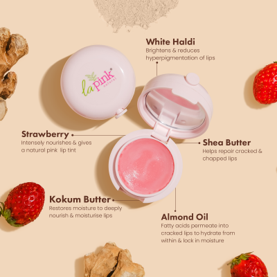 La Pink: Strawberry Lip Care with White Haldi for Shiny & Natural Tint | 100% Microplastic Free Formulation | Suitable for All Skin Types | 15 gms