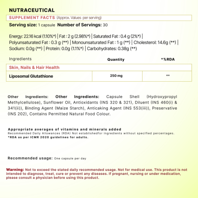 Wishnew Wellness: LIPOSOMAL GLUTATHIONE | 30 Veg Capsules | 4x More Bioavailable for Enhanced Antioxidant Support