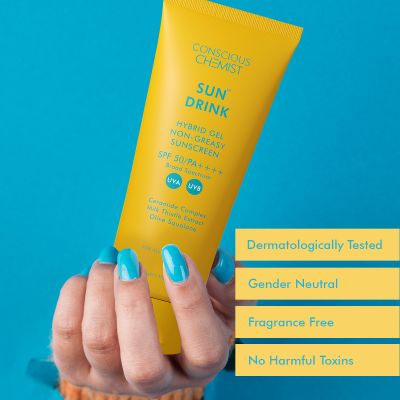 Conscious Chemist: Sun Drink Hybrid Gel Sunscreen with High UVA & UVB Protection, For Lightweight Dewy Finish, Ceramide & Antioxidant Blend With Spf50 Pa++++ (50g)