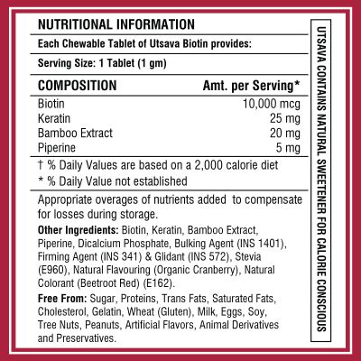 Nector: Biotin Cranberry Sugar Free Chewable Tablets for Hair Skin & Nails | 30 Tablets