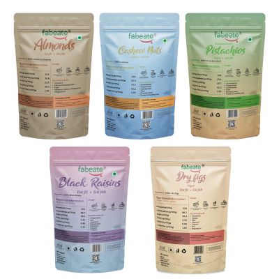 Fabeato: Dry Fruits & Nuts Combo Almonds,Cashews,Pistachios,Dry Fig,Seedless Black Raisins - (200g x 5)