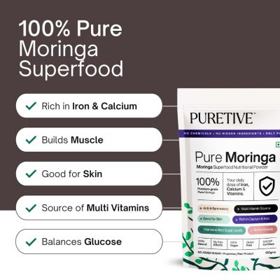 Puretive: Moringa / Drumstick Leaf Powder | Natural source of Iron, Calcium & Vitamins