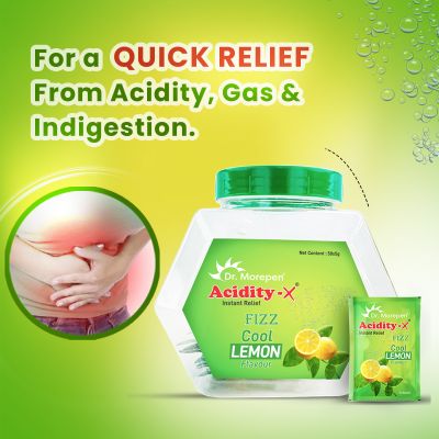 Dr. Morepen: Acidity-X Fizz for Indigestion, Acidity & Gas Relief, Tangy Lemon Flavour - 50 Sachets