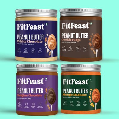 FitFeast: Peanut Butter Supreme Combo | White Chocolate | Belgian Chocolate | Cookie Fudge | Mango Madness | 400 gms EachPack of 4
