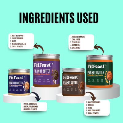 FitFeast: Peanut Butter Supreme Combo | White Chocolate | Belgian Chocolate | Cookie Fudge | Mango Madness | 400 gms EachPack of 4