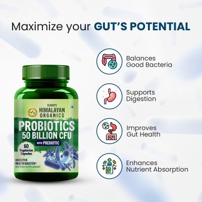 Vlado's Himalayan Organics: Probiotics Supplement 50 Billion CFU with Prebiotics 150mg for Digestion, Gut Health & Immunity - 60 Veg Capsules