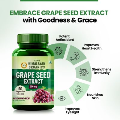 Vlado's Himalayan Organics: Grape Seed Extract 500mg/Serving for Healthy Cholesterol Level - 90 Veg Capsules