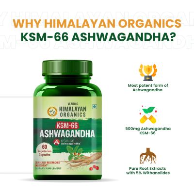 Vlado's Himalayan Organics: KSM - 66 Ashwagandha 1000Mg I KSM-66 I Boost Energy, Strength, Stamina | Helps Anxiety & Stress Relief For Men & Women (60 Capsules)