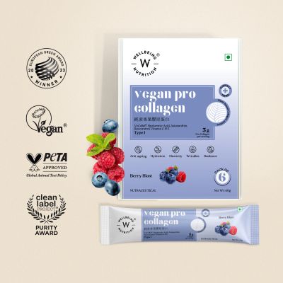 Wellbeing Nutrition: Vegan Pro Collagen | Clinically Proven Plant Based Peptides, Hyaluronic acid, Astaxanthin, Resveratrol | Berry Blast 6 Sachets