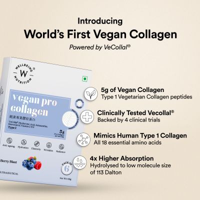 Wellbeing Nutrition: Vegan Pro Collagen | Clinically Proven Plant Based Peptides, Hyaluronic acid, Astaxanthin, Resveratrol | Berry Blast 6 Sachets