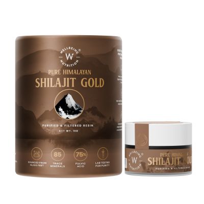 Wellbeing Nutrition: Pure Himalayan Shilajit Gold 10 gm for Strength, Stamina, Performance, Stress Relief and Vitality (24K Gold Leaf) | Lab Tested