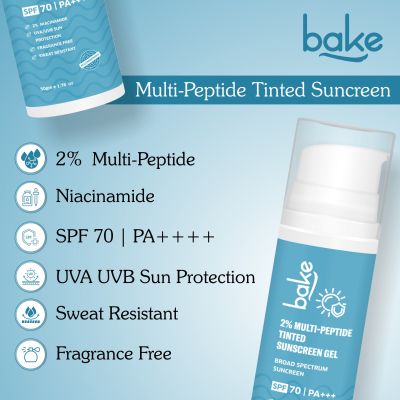 Bake Cosmetics: 2% Multi Peptide Tinted Sunscreen SPF 70 PA+++ with 2% Niacinamide For Water & Sweat Resistant & Broad Spectrum Sunscreen