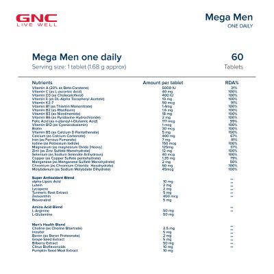 GNC: Mega Men One Daily Multivitamin for Men | Formulated In USA | 32 Premium Ingredients | 60 Tablets