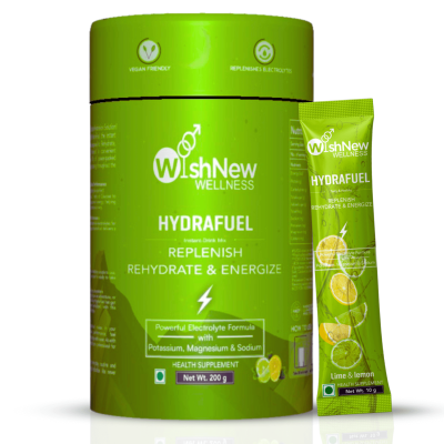Wishnew Wellness: HYDRAFUEL Lemon & Lime Flavor | Instant Drink Mix | 20 Servings | Replenish, Rehydrate & Energize | 100% Vegetarian