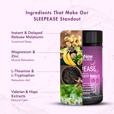 Wishnew Wellness: SLEEPEASE | 30 Capsules | Formulated for Restful & Deep Sleep | 100% Vegetarian