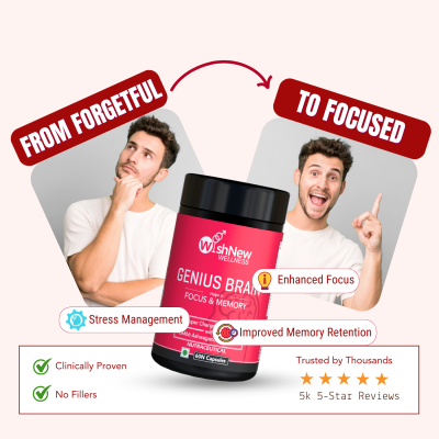 Wishnew Wellness: GENIUS BRAIN | 60 Capsules | Supports Focus & Memory | 100% Vegetarian