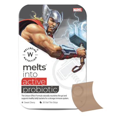 Wellbeing Nutrition: Marvel Thor Melts - Kids Organic Active Probiotic & Prebiotic, Vitamin C & D3- Cherry Flavor (30 Oral Thin Strips)