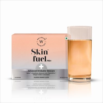 Wellbeing Nutrition: Skin Fuel Pro+ | Glutathione, Vit C & E, CoQ10, Vollagen & PhytoCellTech | Valencia Orange Flavour, 28 Servings