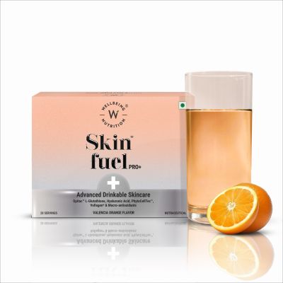 Wellbeing Nutrition: Skin Fuel Pro+ | Glutathione, Vit C & E, CoQ10, Vollagen & PhytoCellTech | Valencia Orange Flavour, 28 Servings