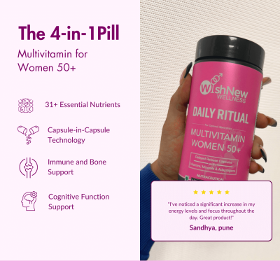 Wishnew Wellness: DAILY RITUAL Women 50+ Multivitamin | Delayed Release Oil Fill Capsules for Optimal Absorption | Supports Menopause, Hormonal Balance, Skin & Joint Health - 60 Vegetarian Capsules