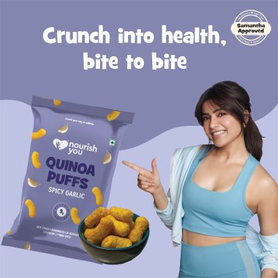 Nourish You: Organic Quinoa Puffs - Quinoa Snack , Spicy garlic flavour , Healthy snacks , Gluten free -50gm