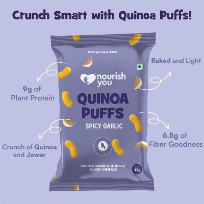 Nourish You: Organic Quinoa Puffs - Quinoa Snack , Spicy garlic flavour , Healthy snacks , Gluten free -50gm