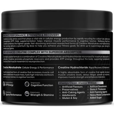 Wellbeing Nutrition: 100% Pure Micronised Creatine Powder Monohydrate + HCL Unflavoured 100g, 33 servings Tested for Purity For Muscle Strength & Recovery, Muscle Growth & Cognition For Men & Women Wellbeing Nutrition: 100% Pure Micronised Creatine Powder Monohydrate + HCL Unflavoured 100g, 33 servings Tested for Purity For Muscle Strength & Recovery, Muscle Growth & Cognition For Men & Women