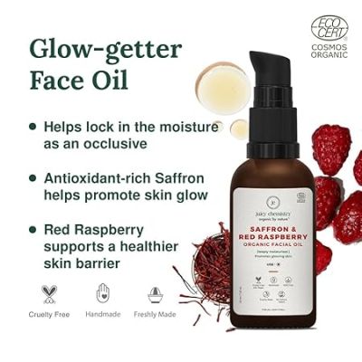 Juicy Chemistry: Saffron & Red Raspberry Facial Oil, 30 ml | Organic Face Oil for Skin Brightening & Moisturising | Ecocert Certified for Men & Women | Cruelty-free & 100% Vegan Face Oil