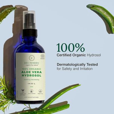 Juicy Chemistry: Aloe Vera Face Toner, 50ml | For Soothing, Calming Sensitive & Sun Damaged Skin | Made with 100% Pure Aloe Vera & 100% Certified Organic Mist Spray for Men and Women | Cruelty Free, Vegan