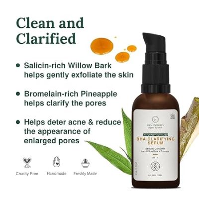 Juicy Chemistry: BHA Serum, 30 ml, for Face Acne Control & Pitted Scars, Certified Natural Clarifying Face Serum with Willow Bark & Turmeric, Exfoliates & Improves Skin Texture