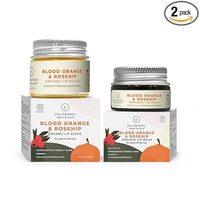 Juicy Chemistry: Iconic Lip Duo Kit - Blood Orange & Rosehip Lip Balm, 5 g & Blood Orange & Rosehip Lip Scrub, 10 g | Enriched with Natural Ceramides to Exfoliate, Hydrate, Moisturise & Helps Nurture Pigmented Lips | Formulated with Organic Castor Oil, Jojoba Oil and Vit