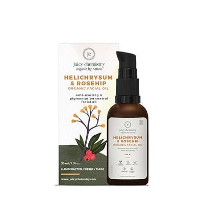 Juicy Chemistry: Facial Oil 30ml - Helichrysum & Rosehip Blend, 100% Pure & Vegan, Natural Moisturizer for Pigmentation, Dull Skin, and Lymphatic Drainage, Pre-Makeup Oil, Gua Sha Face Massage Oil