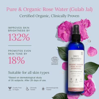 Juicy Chemistry: Organic Rose Water (Hydrosol), 200 ml | Face Toner for Glowing, Brighter and Hydrated Skin | Made with Bulgarian Damask Roses - Clinically Tested & 100% Certified Organic (Mist Spray Toner)