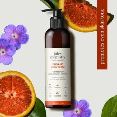 Juicy Chemistry: Blood Orange and Geranium Body Wash, 200 ml | Invigorating Fresh Scent, Rich & Bubbly Lather | Tones & Brightens Skin while Retaining Moisture | Vegan & Gluten-Free Shower Gel