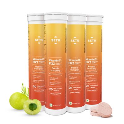 SETU: Vitamin C: Fizz - 80 Effervescent Tablets (Pack of 4) | Amla Extract and Zinc, Boost Immunity, Skin | Orange Flavour