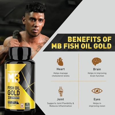 HK Vitals: Omega 3 Fish Oil Gold, 1300mg Omega 3  with 500mg EPA & 400mg DHA, 3x Triple Strength Formula, No Fishy Aftertaste, 60 Omega 3 Fish Oil Capsules