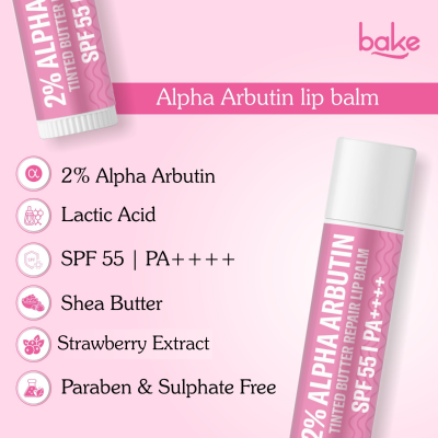 Bake Cosmetics: 2% Alpha Arbutin Tinted Butter Brightening Lip Balm SPF 55 PA++++ with Niacinamide For Dark, Pigmented, Dry & Chapped Lips For UVA/B Rays Sun Protection