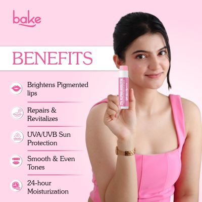 Bake Cosmetics: 2% Alpha Arbutin Tinted Butter Brightening Lip Balm SPF 55 PA++++ with Niacinamide For Dark, Pigmented, Dry & Chapped Lips For UVA/B Rays Sun Protection