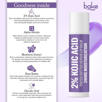 Bake Cosmetics: 2% Kojic Acid + Alpha Arbutin + Glycolic Acid Lip Brightening Balm - De-Tan & Hydration (24h Moisturization)
